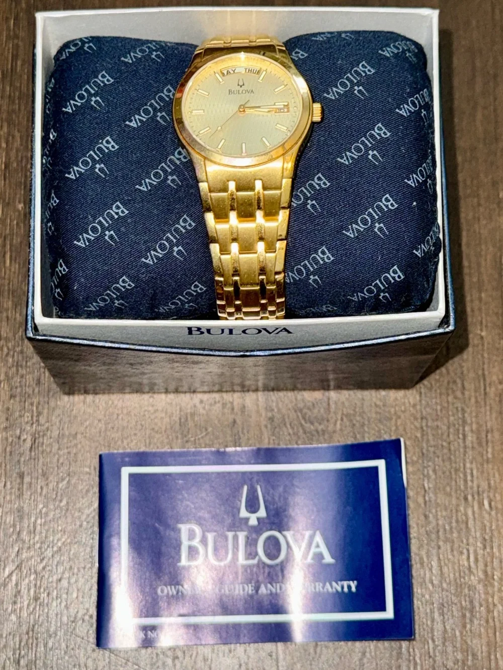 Bulova 98T80 Gold-Tone Day Date Quartz Dress Watch – New Old Stock (NOS)